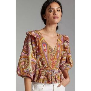 Broadway 38 Paisley Puff Sleeves Cinch Waist Blouse Sz Xl